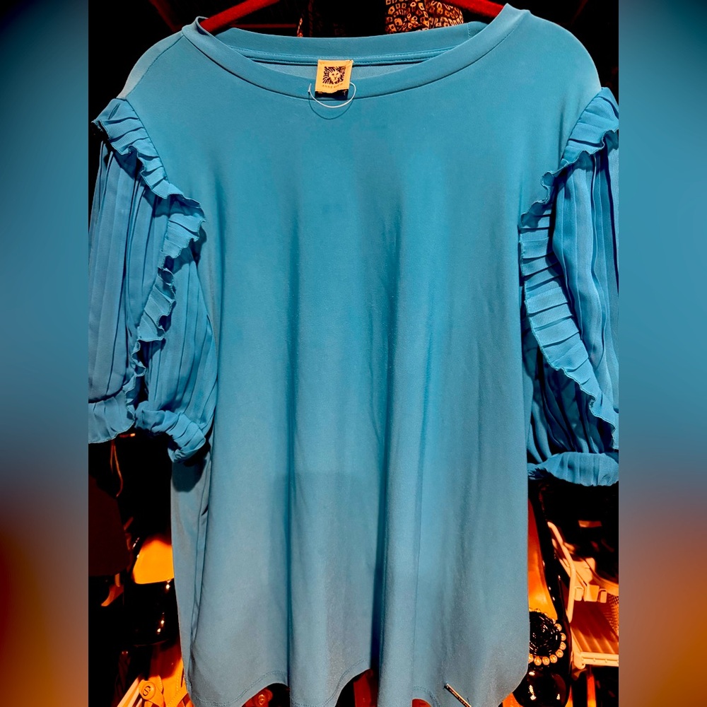 Anne Klein Blue Blouse Pleated Ruffle Short Sleeve Classic Modest Top Size XL